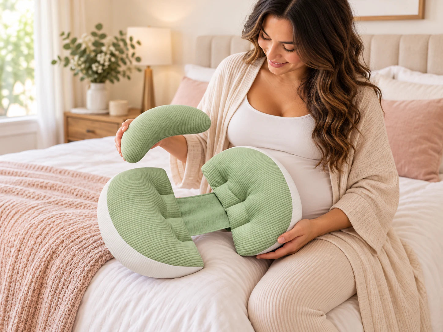 Gestante sentada na cama segurando a Almofada Abraço de Mãe